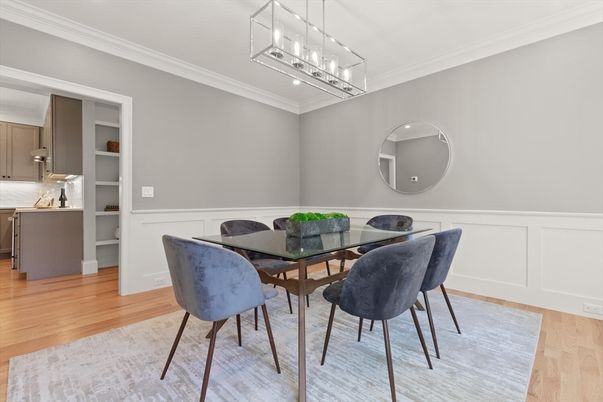 Dining room, Interior, Pendant Lights, Wood Texture Flooring