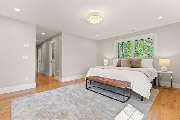 Bedroom, Interior, Recessed Lighting, Wood Texture Flooring