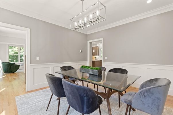 Dining room, Interior, Pendant Lights, Recessed Lighting, Wood Texture Flooring