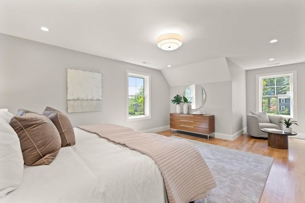 Bedroom, Interior, Recessed Lighting, Wood Texture Flooring