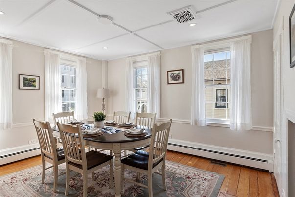 Dining room, Interior, Recessed Lighting, Wood Texture Flooring
