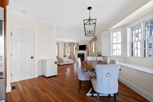 Dining room, Fireplace, Interior, Living room, Pendant Lights, Wood Texture Flooring