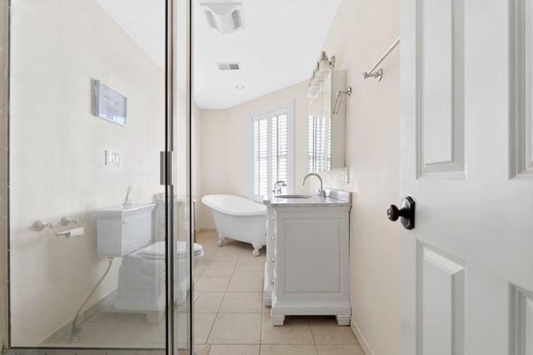 Bathroom, Free Standing Baths, Glass Shower, Interior, Recessed Lighting