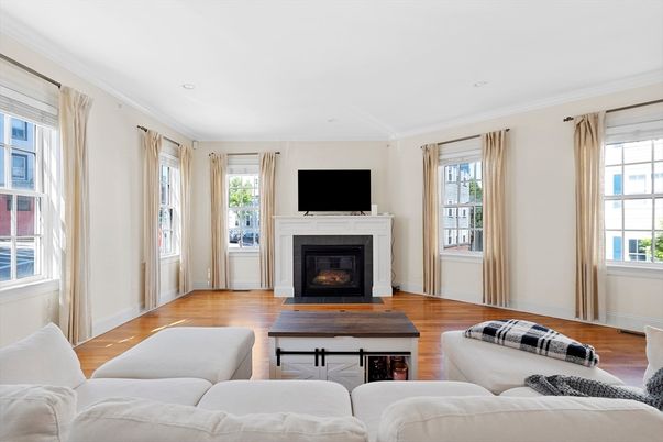Fireplace, Interior, Living room, Recessed Lighting, Wood Texture Flooring