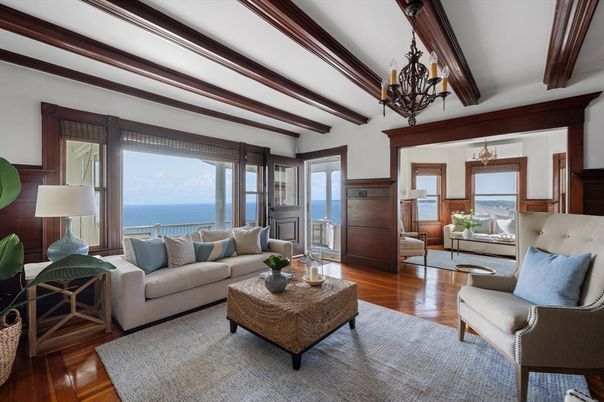 Chandelier, Fireplace, Interior, Living room, Water, Wooden Beams, Wood Texture Flooring
