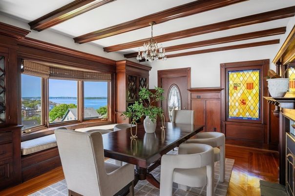Chandelier, Dining room, Fireplace, Interior, Water, Wooden Beams, Wood Texture Flooring