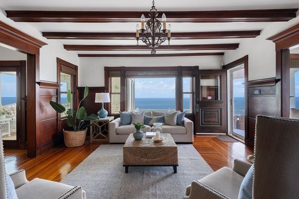 Chandelier, Fireplace, Interior, Living room, Water, Wooden Beams, Wood Texture Flooring