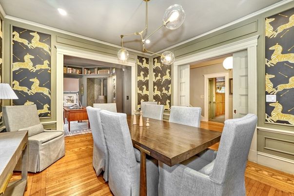 Dining room, Interior, Pendant Lights, Recessed Lighting, Wood Texture Flooring