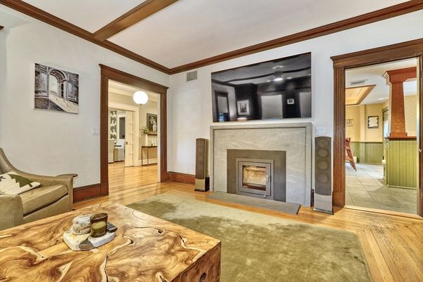 Fireplace, Interior, Recessed Lighting, Wood Texture Flooring