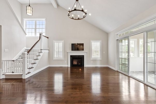 Fireplace, Interior, Pendant Lights, Wood Texture Flooring
