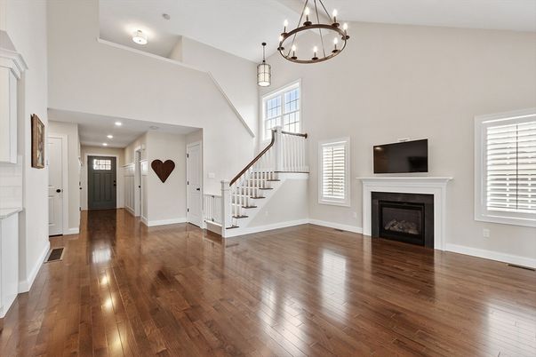 Fireplace, Interior, Pendant Lights, Recessed Lighting, Wood Texture Flooring
