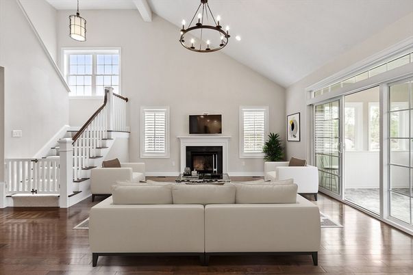 Fireplace, Interior, Living room, Pendant Lights, Wood Texture Flooring