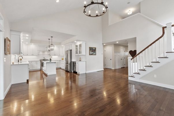 Chandelier, Interior, Kitchen, Pendant Lights, Recessed Lighting, Stainless Steel Appliances, Wood Texture Flooring