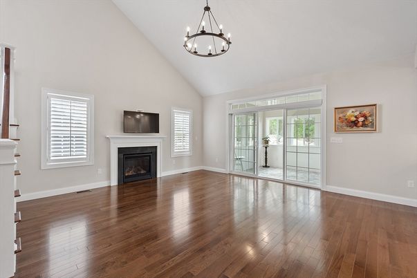 Empty room, Fireplace, Interior, Pendant Lights, Wood Texture Flooring