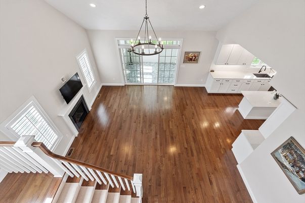 Fireplace, Interior, Pendant Lights, Recessed Lighting, Wood Texture Flooring