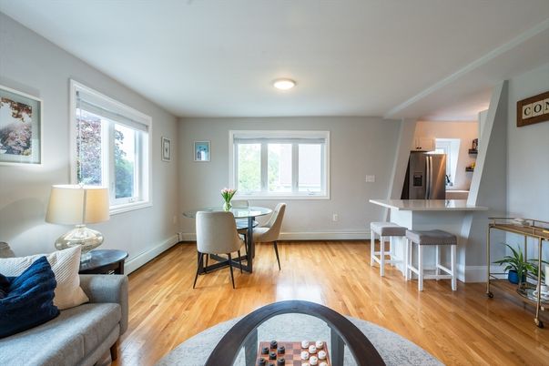 Dining room, Interior, Kitchen, Recessed Lighting, Stainless Steel Appliances, Wood Texture Flooring