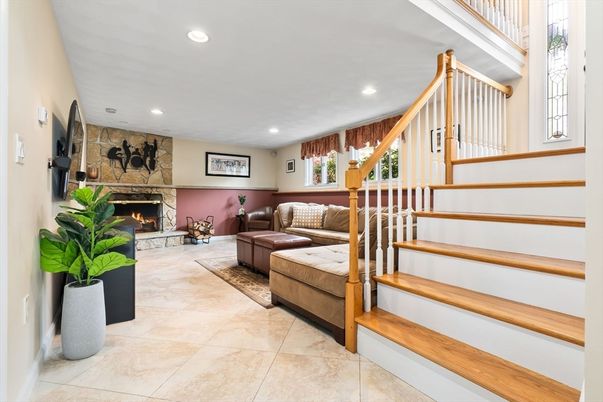 Fireplace, Interior, Living room, Recessed Lighting, Stone Walls