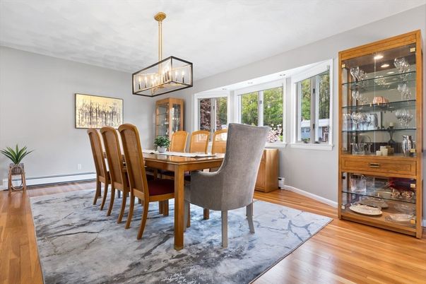 Dining room, Interior, Pendant Lights, Wood Texture Flooring