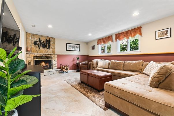Fireplace, Interior, Living room, Recessed Lighting, Stone Walls