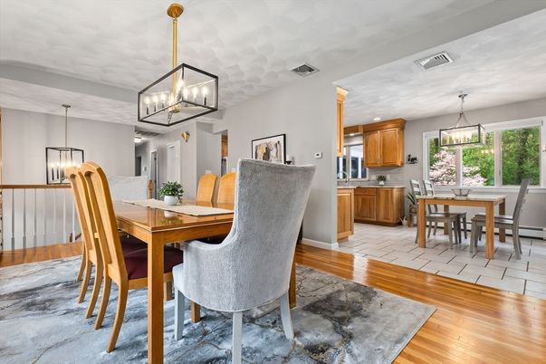 Dining room, Interior, Kitchen, Pendant Lights, Wood Texture Flooring