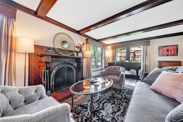 Fireplace, Interior, Living room, Piano, Wooden Beams