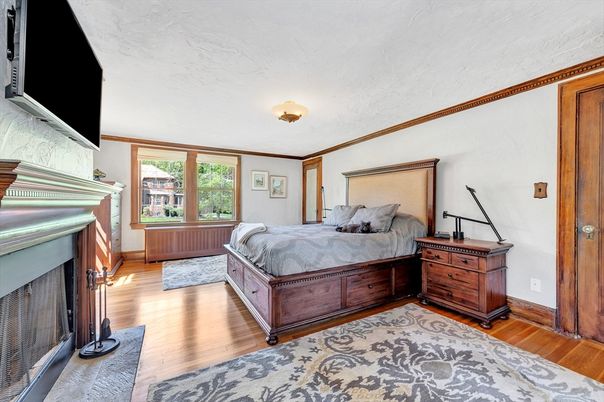Bedroom, Fireplace, Interior, Wood Texture Flooring