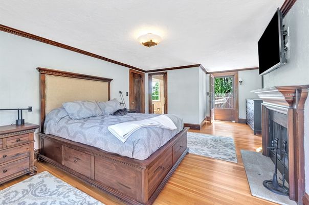 Bedroom, Fireplace, Interior, Wood Texture Flooring