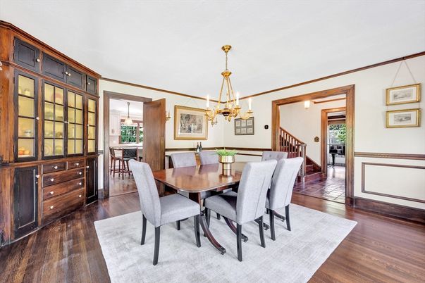 Chandelier, Dining room, Interior, Pendant Lights, Wood Texture Flooring