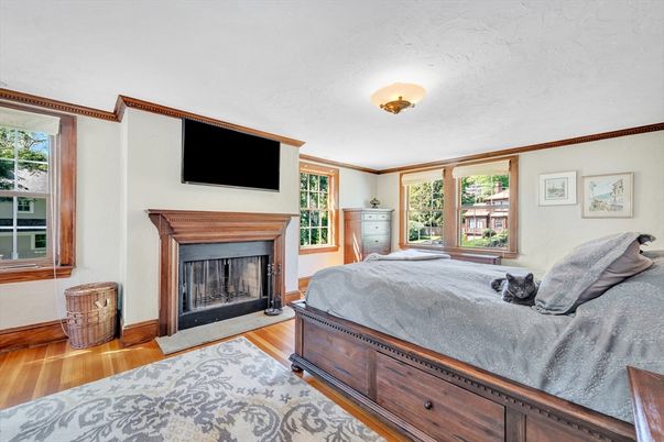 Bedroom, Fireplace, Interior, Wood Texture Flooring