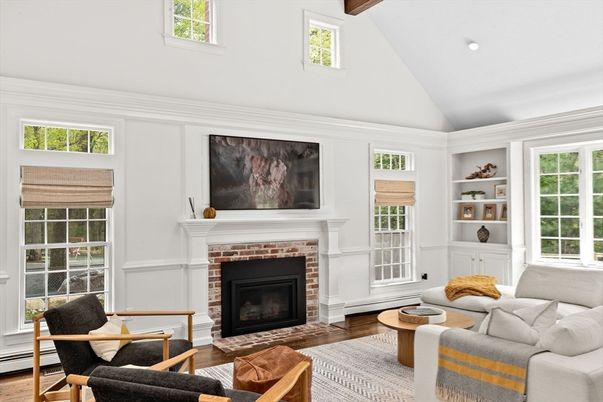 Fireplace, Interior, Living room, Recessed Lighting, Wood Texture Flooring