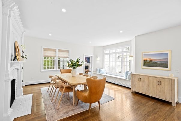 Dining room, Fireplace, Interior, Recessed Lighting, Wood Texture Flooring