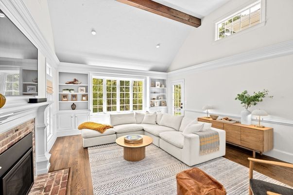 Fireplace, Interior, Living room, Recessed Lighting, Wooden Beams, Wood Texture Flooring