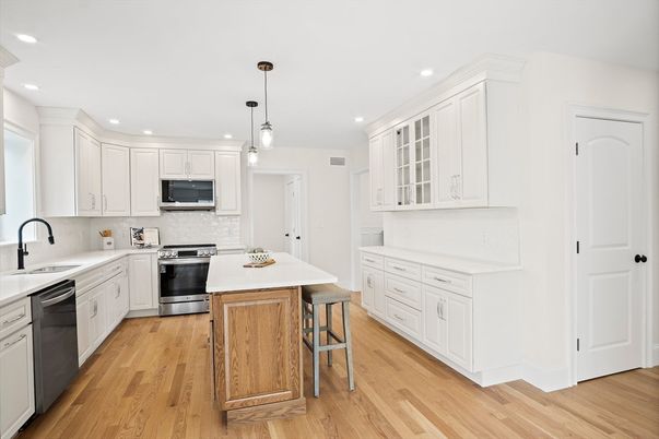 Interior, Kitchen, Pendant Lights, Recessed Lighting, Stainless Steel Appliances, Wood Texture Flooring