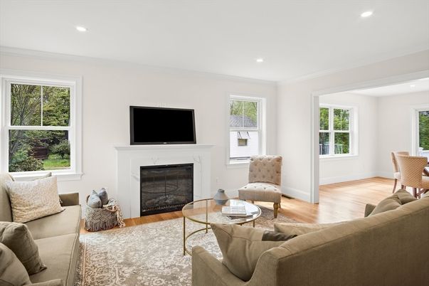 Fireplace, Interior, Living room, Recessed Lighting, Wood Texture Flooring