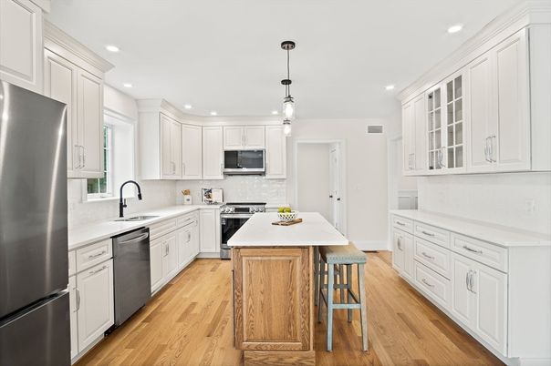 Interior, Kitchen, Pendant Lights, Recessed Lighting, Stainless Steel Appliances, Wood Texture Flooring