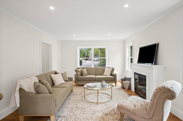 Fireplace, Interior, Living room, Recessed Lighting, Wood Texture Flooring