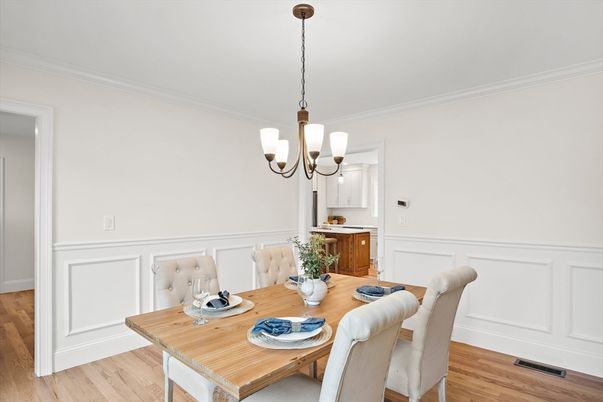 Chandelier, Dining room, Interior, Wood Texture Flooring