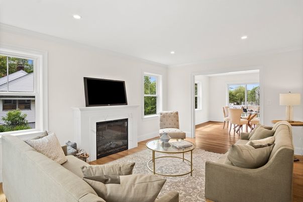 Dining room, Fireplace, Interior, Living room, Recessed Lighting, Wood Texture Flooring