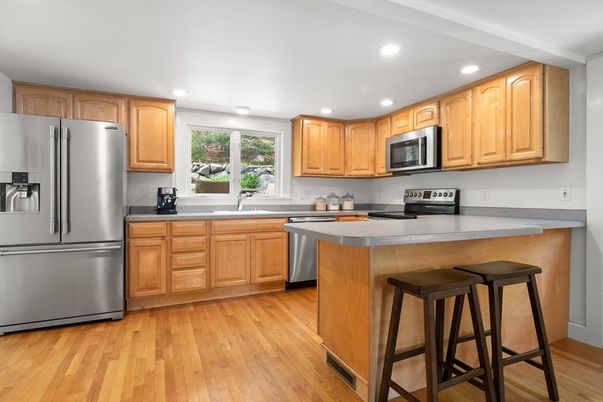 Interior, Kitchen, Recessed Lighting, Stainless Steel Appliances, Wood Texture Flooring