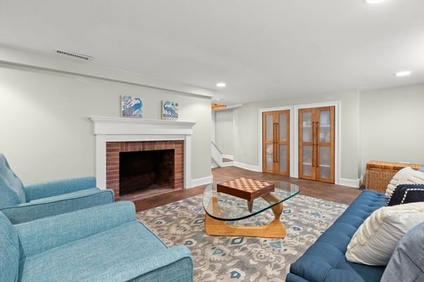Fireplace, Interior, Living room, Recessed Lighting, Wood Texture Flooring