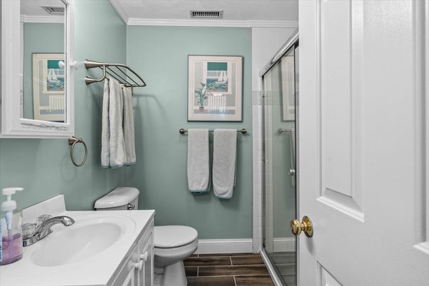 Bathroom, Glass Shower, Interior, Wood Texture Flooring