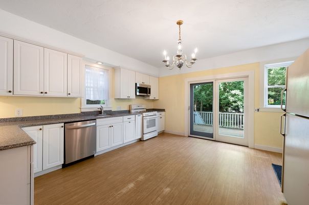 Chandelier, Interior, Kitchen, Stainless Steel Appliances, Wood Texture Flooring