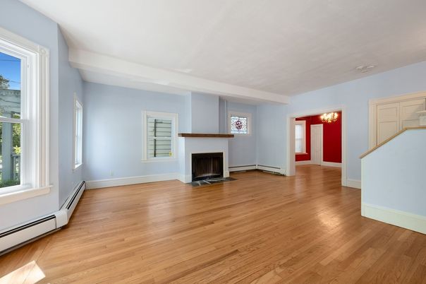 Chandelier, Empty room, Fireplace, Interior, Wood Texture Flooring