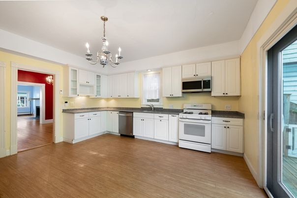 Chandelier, Interior, Kitchen, Stainless Steel Appliances, Wood Texture Flooring