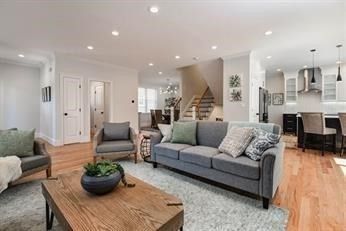 Dining room, Interior, Kitchen, Living room, Pendant Lights, Recessed Lighting, Stainless Steel Appliances, Wood Texture Flooring