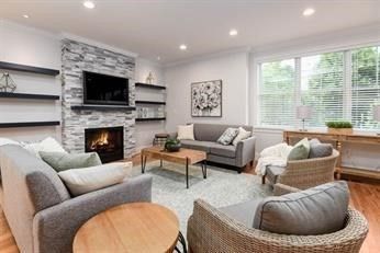 Fireplace, Interior, Living room, Recessed Lighting, Stone Walls, Wood Texture Flooring
