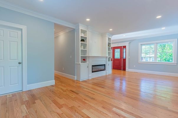Empty room, Fireplace, Interior, Recessed Lighting, Wood Texture Flooring