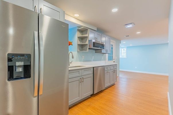 Interior, Kitchen, Recessed Lighting, Stainless Steel Appliances, Wood Texture Flooring