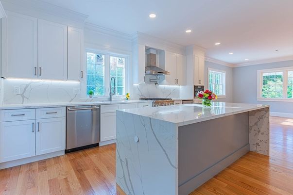 Interior, Kitchen, Marble Walls, Recessed Lighting, Stainless Steel Appliances, Wood Texture Flooring