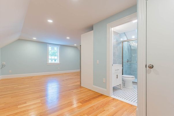 Bathroom, Empty room, Glass Shower, Interior, Recessed Lighting, Wood Texture Flooring